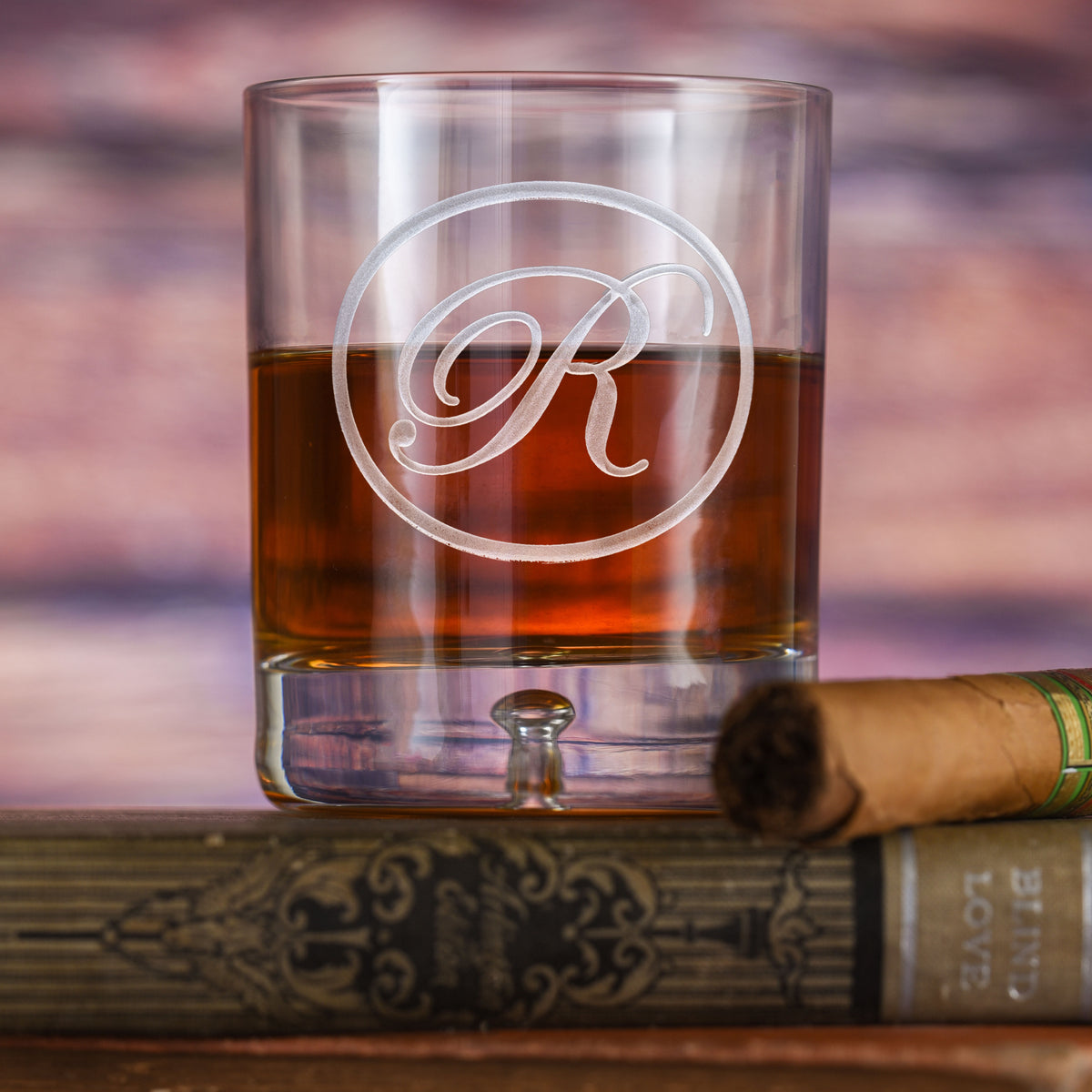 Custom Engraved Scotch Whiskey Bourbon Glass With Victorian Initial Crystal Imagery