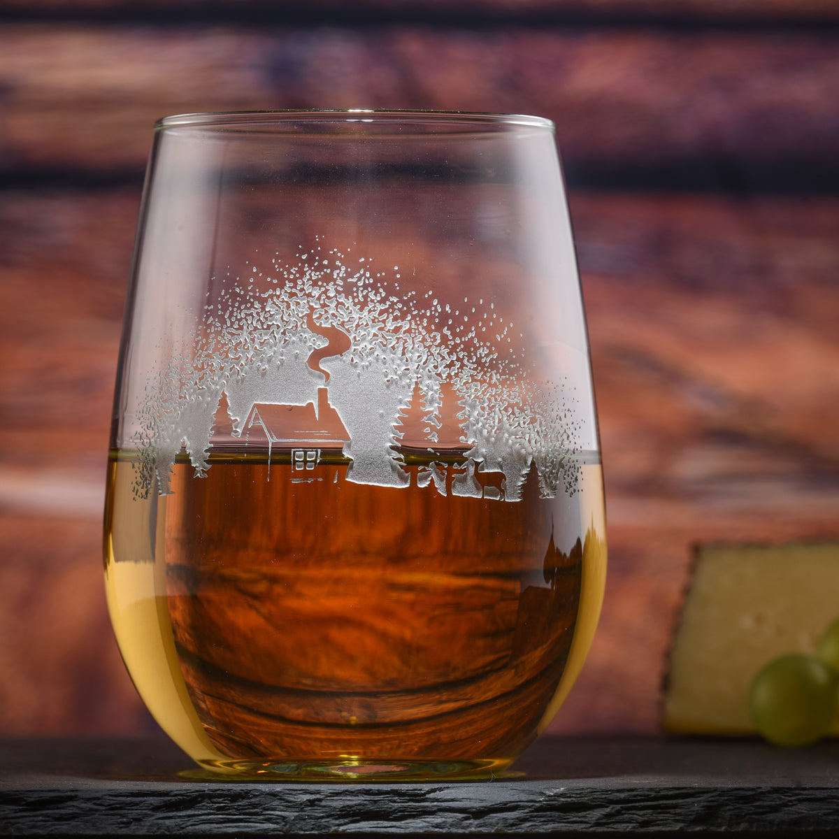 Log Cabin in the Woods, Stemless Wine Glass (Set of 2)