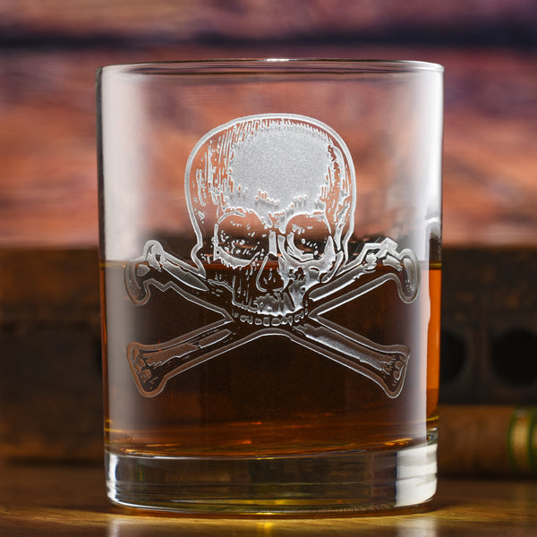 Deep Carved Skull and Crossbones Standard Rocks Glass