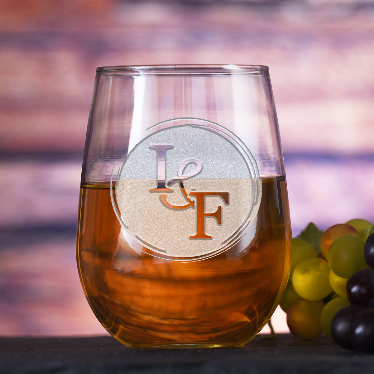 Bride &amp; Groom Monogrammed Stemless Wine Glass