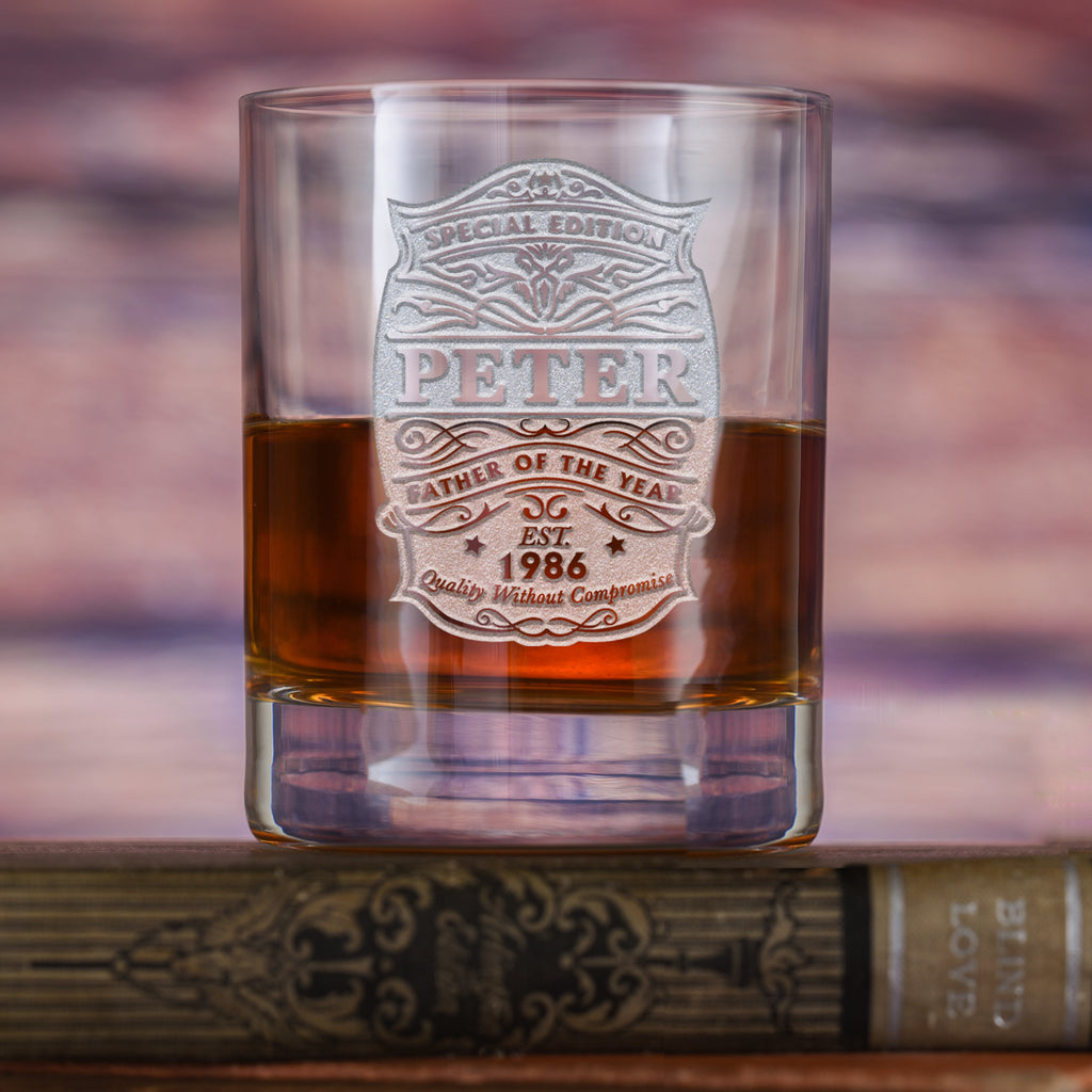 Father of the Year Engraved DOF, Rocks Glass - Gift For Dad