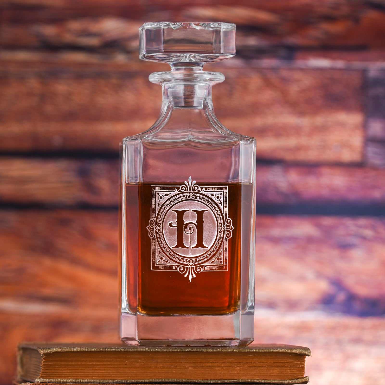Ornate Monogram Etched Square Whiskey Decanter