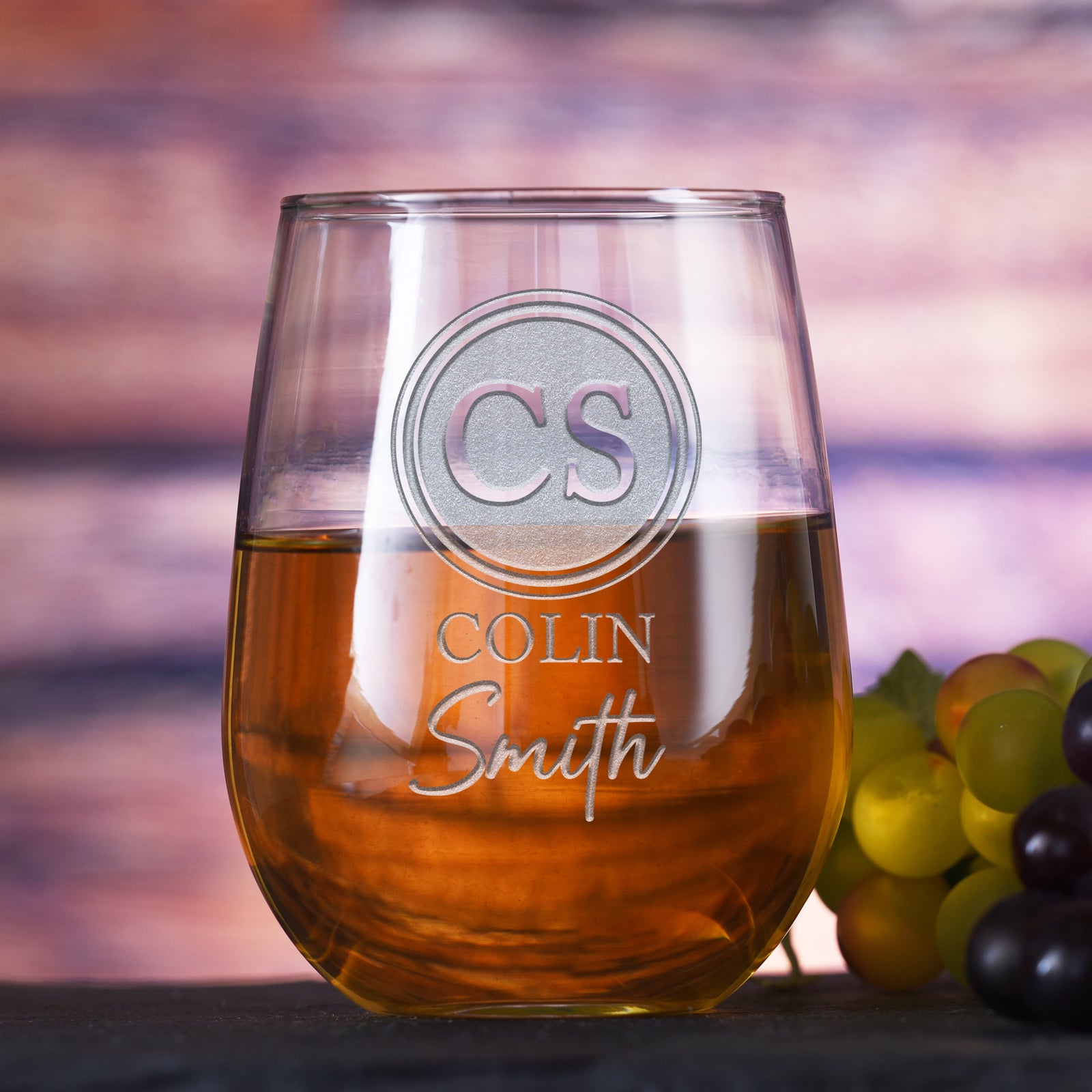 Two Name, Monogram, Stemless Wine Glass