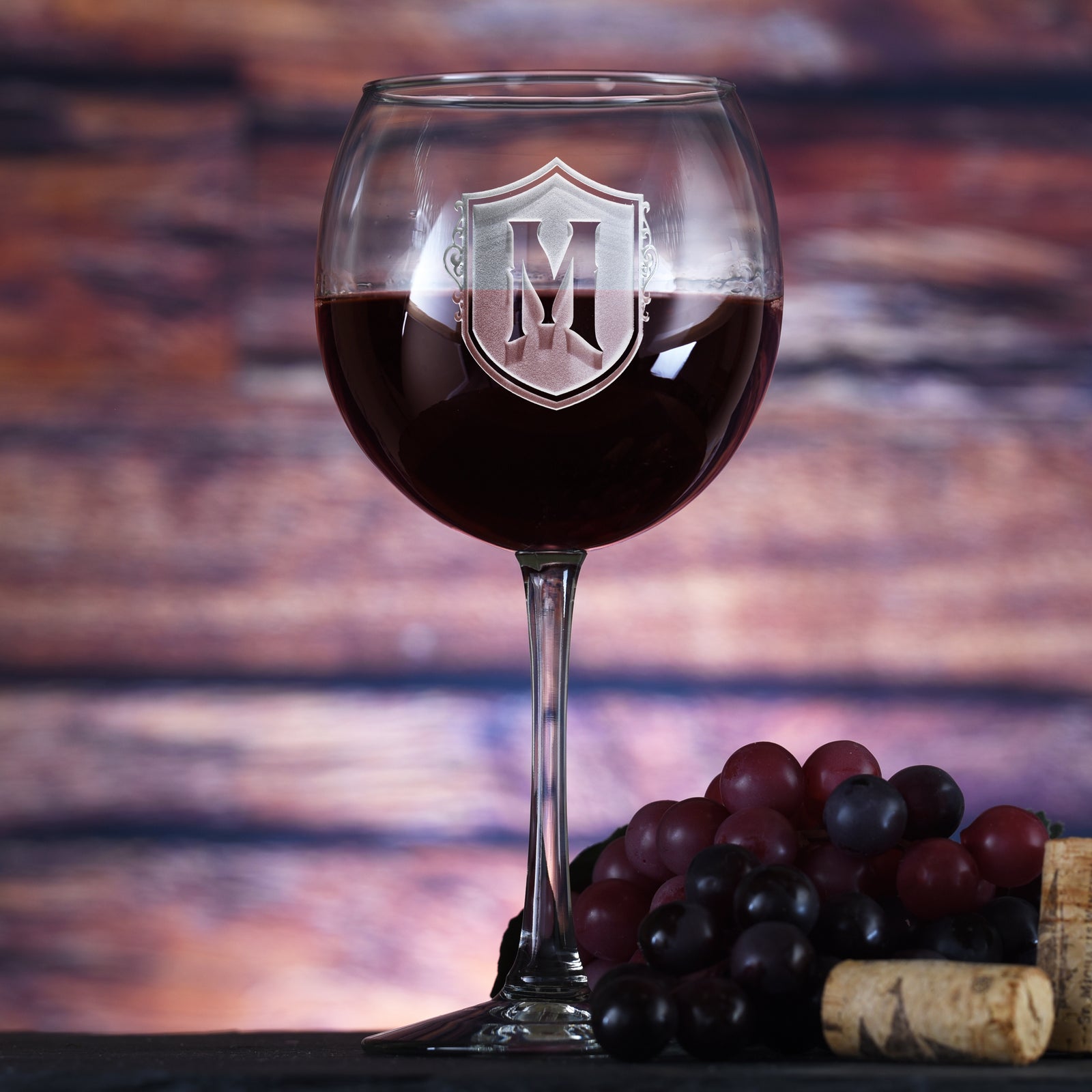 Engraved, Red Wine Glass Monogram Shield