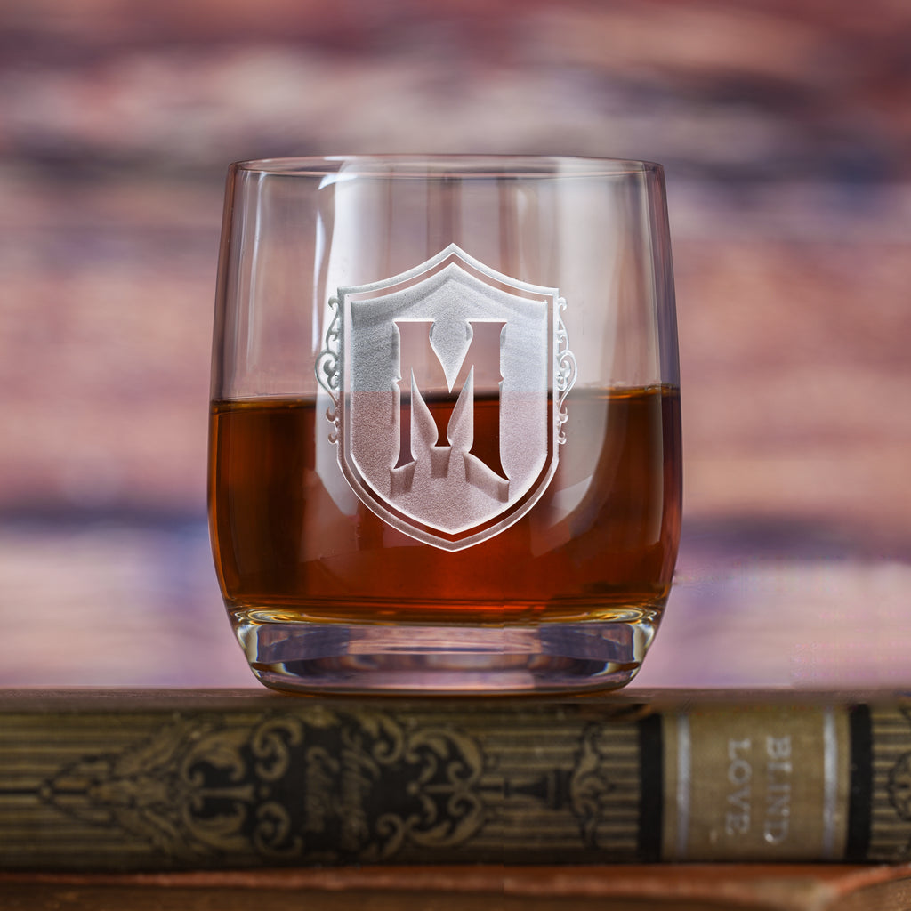 Shield Monogram Stolzle Weinland Crystal Rocks, Whiskey Glass