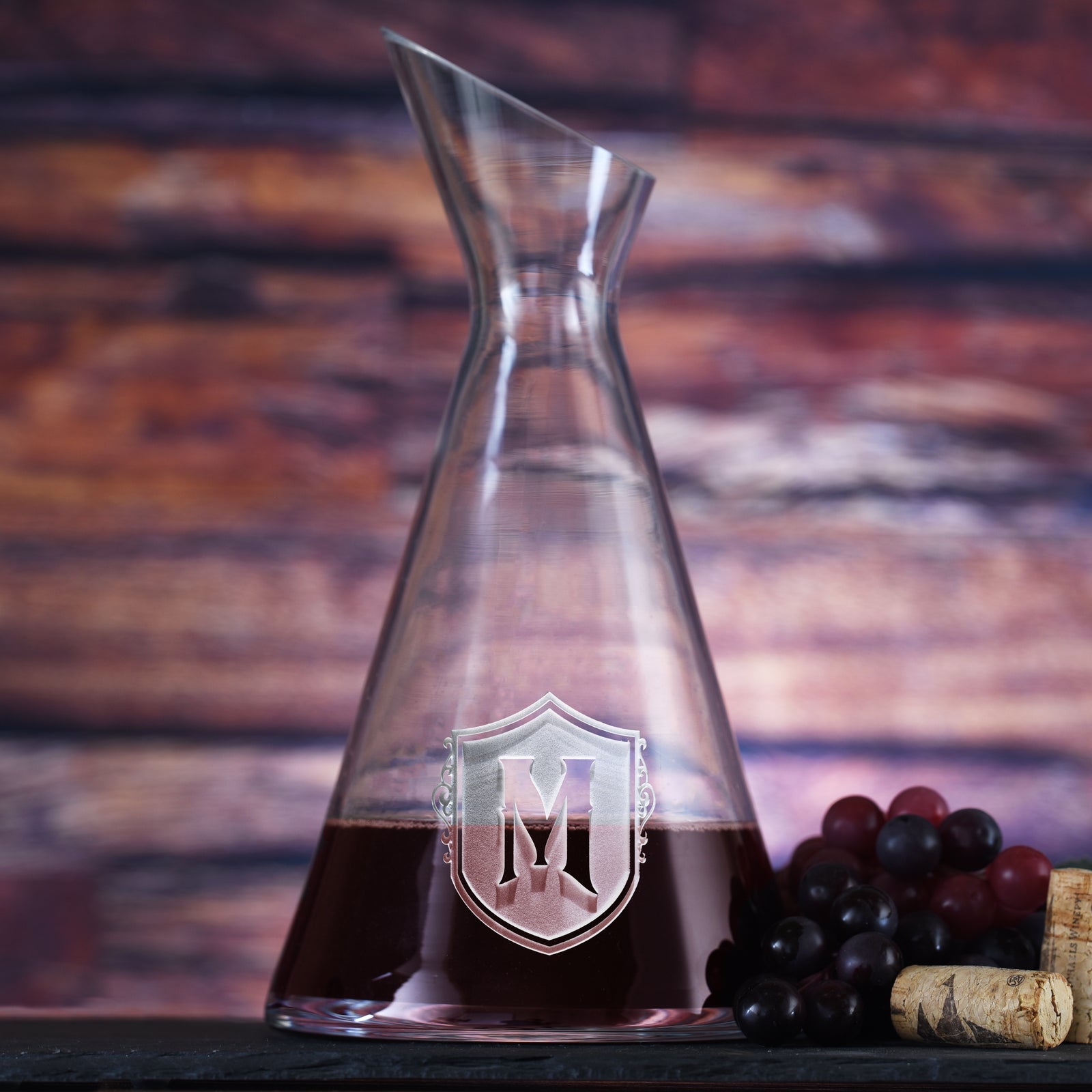Engraved, Monogrammed In Shield Slant Wine Carafe Decanter