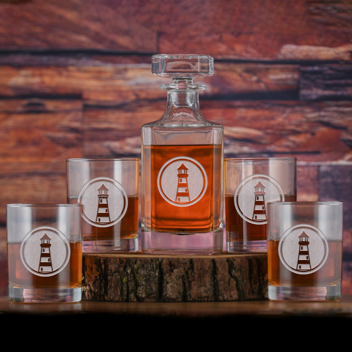 Nautical Lighthouse, Engraved Decanter &amp; Glasses Gift Set