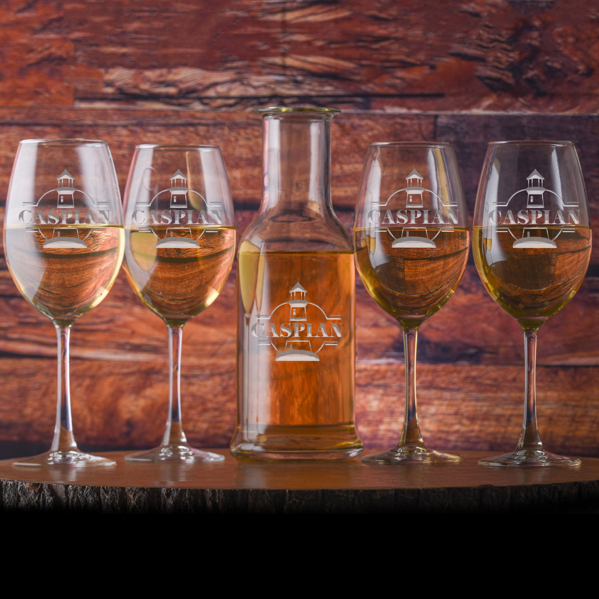 Custom Nautical Lighthouse Crystal Wine Carafe &amp; Glasses Gift Set