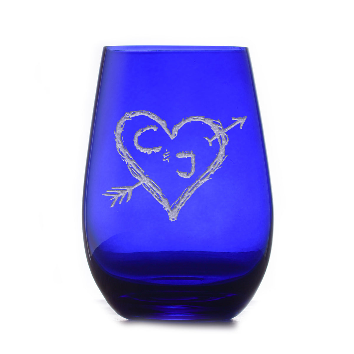 Heart & Arrow Lovers, Etched, Blue Stemless Wine Glass