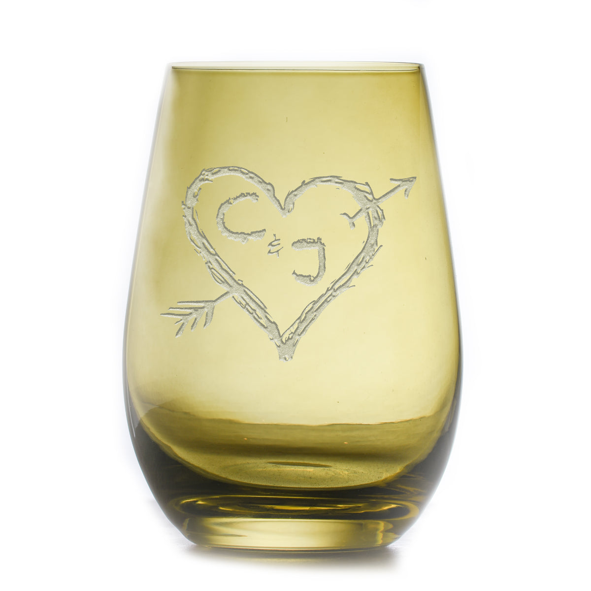 Heart & Arrow with Initials, Etched Green Stemless Wine Glass