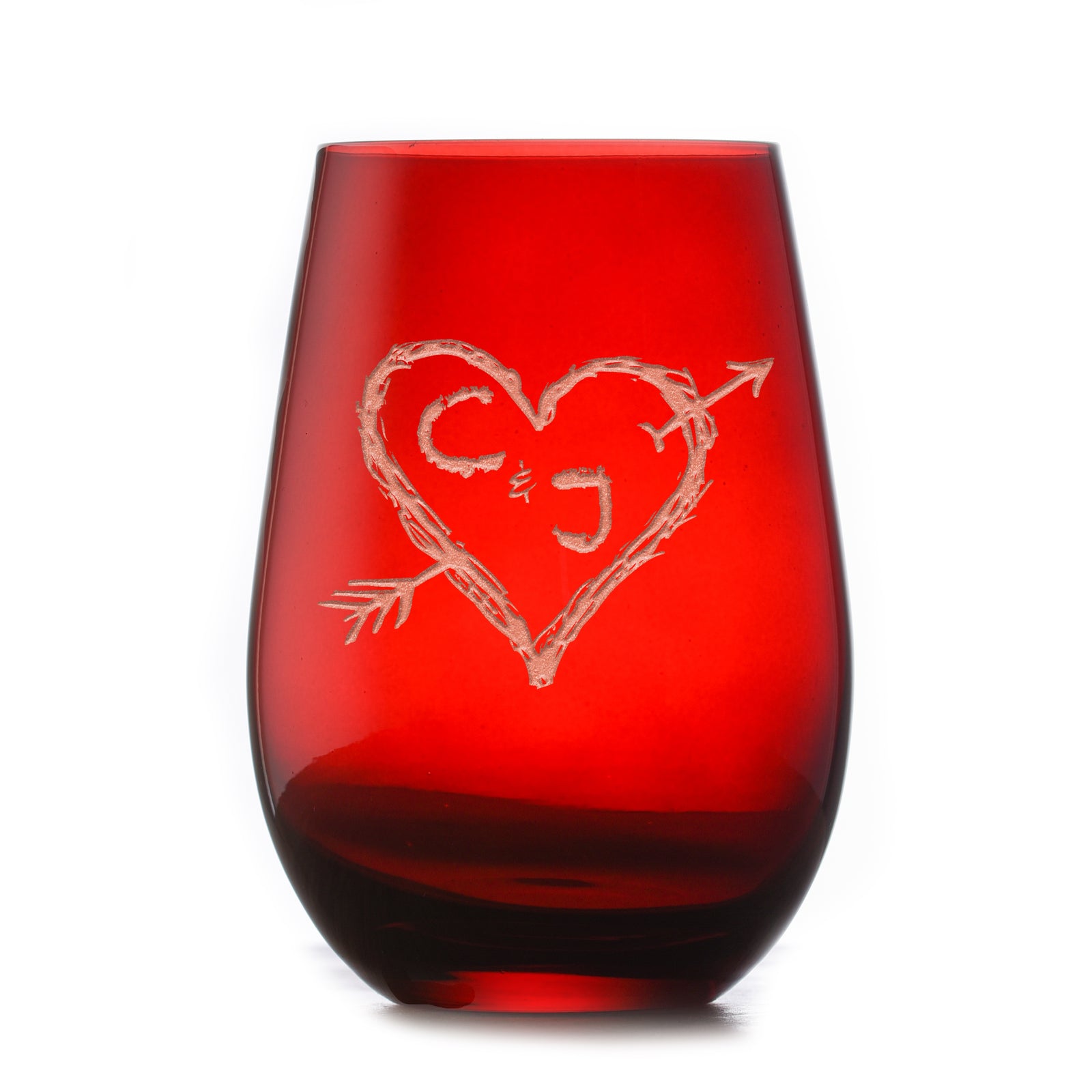 Heart & Arrow Lovers Etched, Red Stemless Wine Glass
