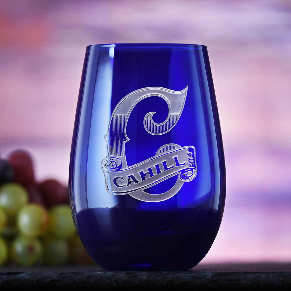 Custom, Engraved Blue Stemless Wine Glass Tumbler