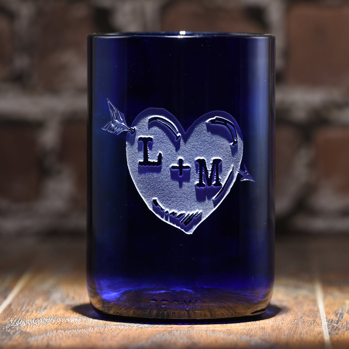 Blue Recycle Wine Bottle Glass, Engraved Heart & Arrow Tumbler