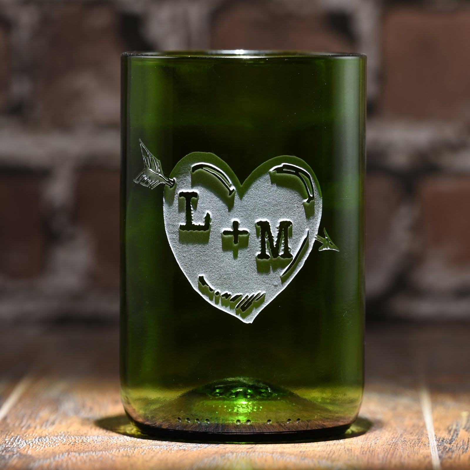 Green, Recycle Wine Bottle Glass, Engraved Heart & Arrow Tumbler