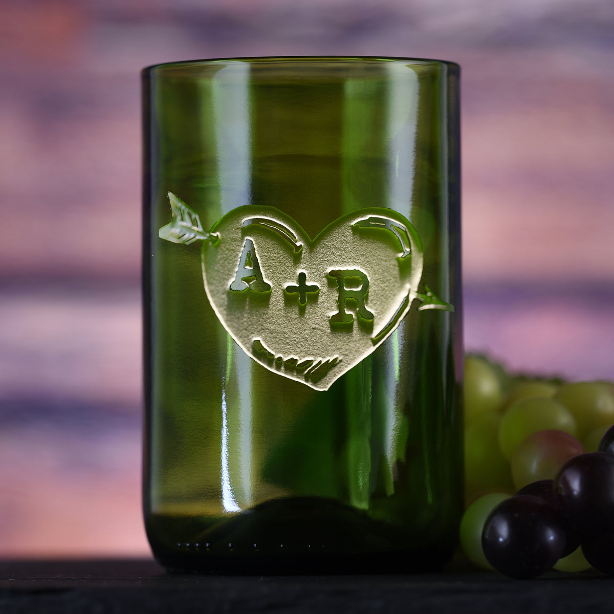 Green, Recycle Wine Bottle Glass, Engraved Heart &amp; Arrow Tumbler
