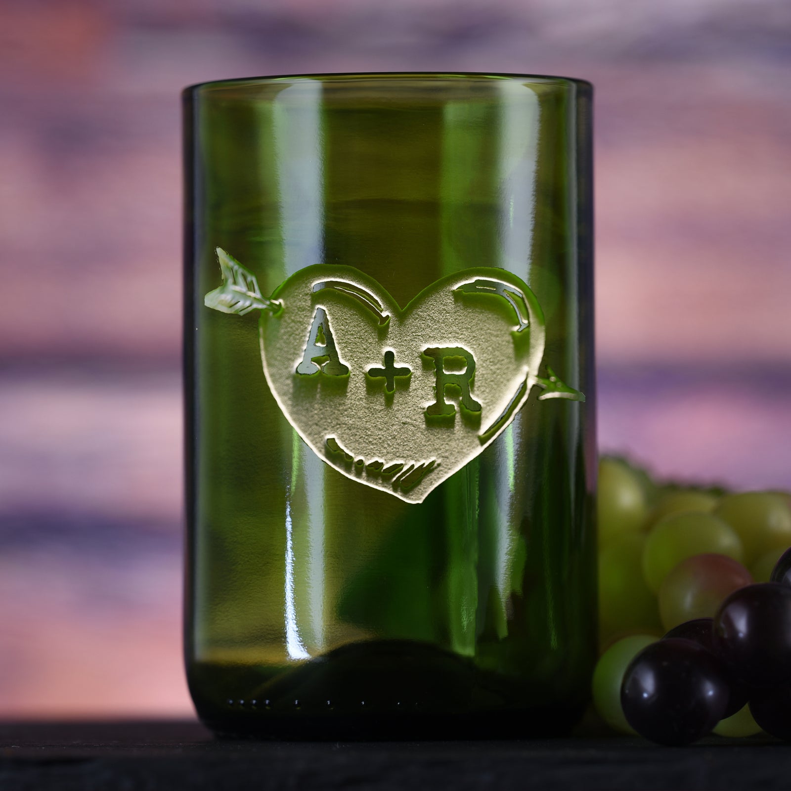 Green, Recycle Wine Bottle Glass, Engraved Heart & Arrow Tumbler