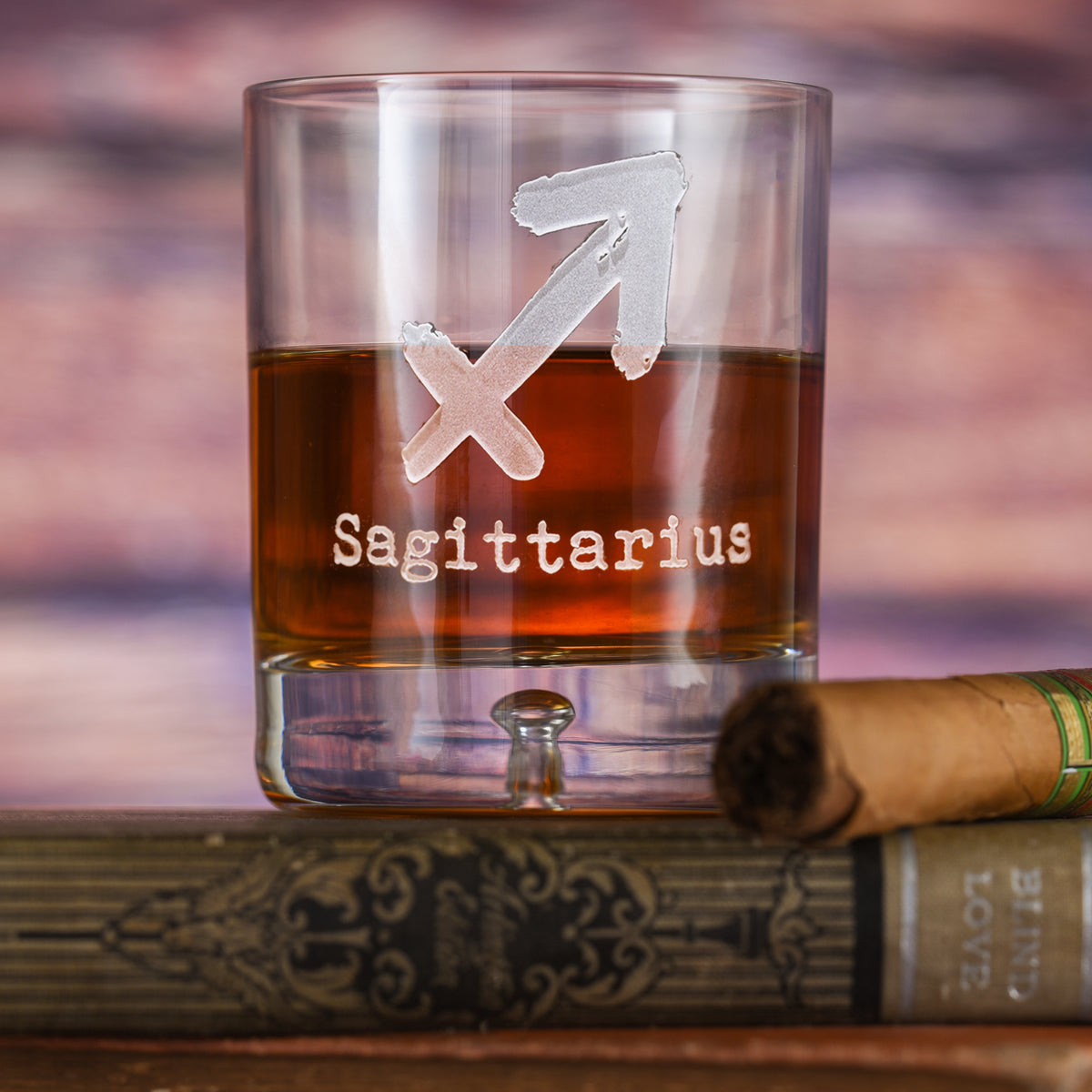 Zodiac Sign, Engraved Crystal Whiskey, Rocks Glass
