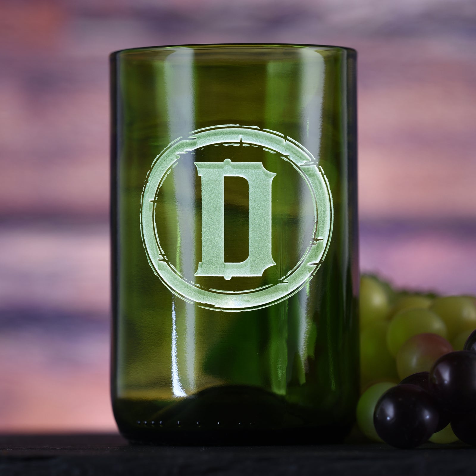 Initial in Circle, Engraved, Green Recycled Wine Bottle Glass Tumbler