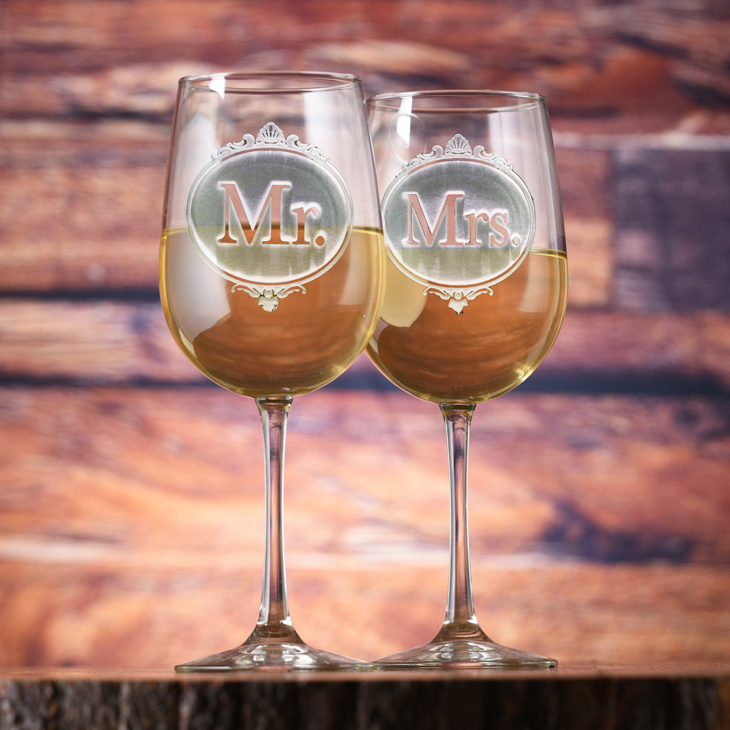 Mr. and Mrs. Engraved Wine Glass Set -
