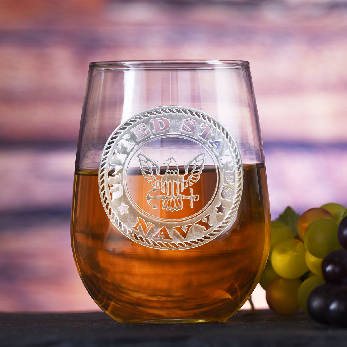 Engraved Navy Military Stemless Wine Glasses