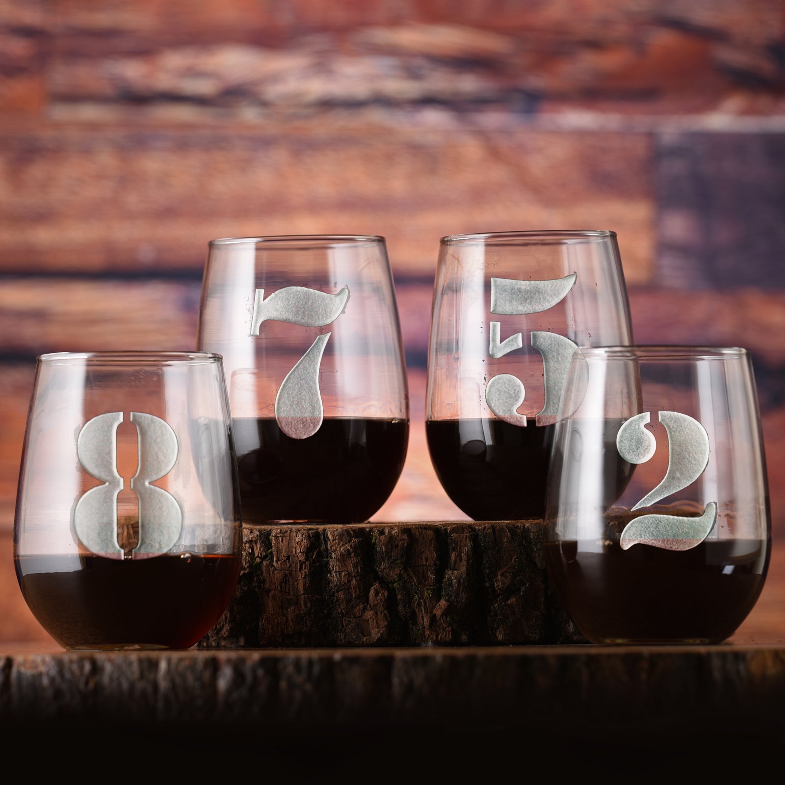 Engraved, Numbered 1-8, Stemless Wine Glass Set