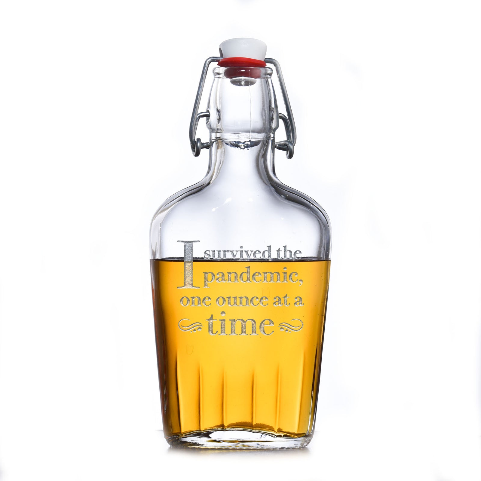 "I Survived The Pandemic One Ounce at a Time" Engraved Flask, Humorous Gift