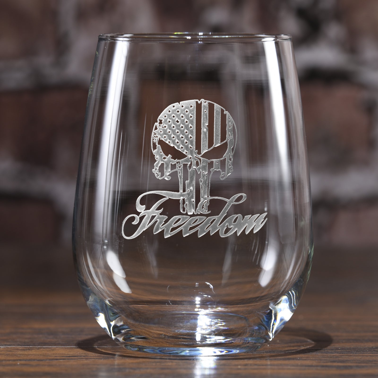 Freedom Skull Stars & Stripes, Stemless Wine Glass