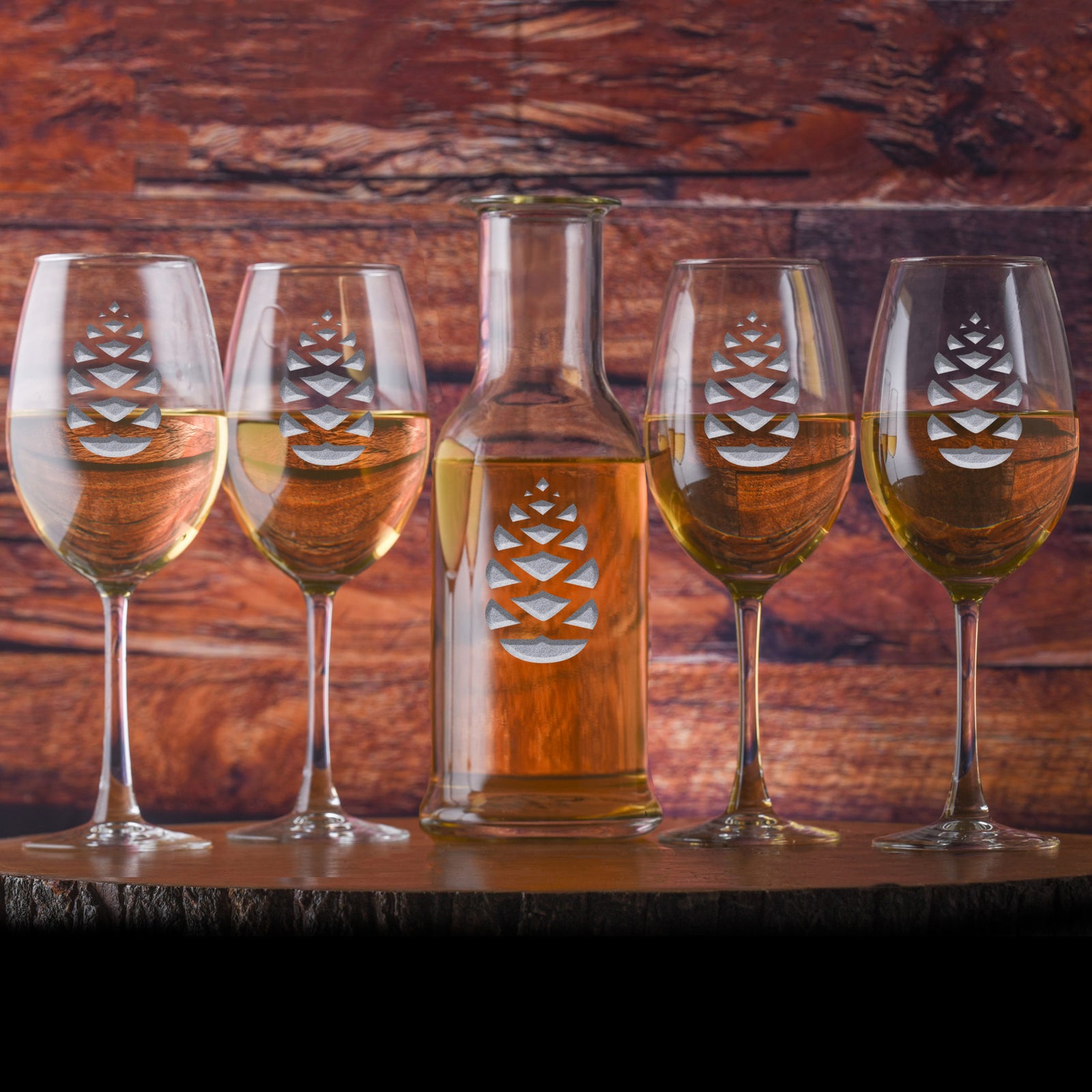 Engraved Pinecone Crystal Wine Carafe & Glasses Gift Set