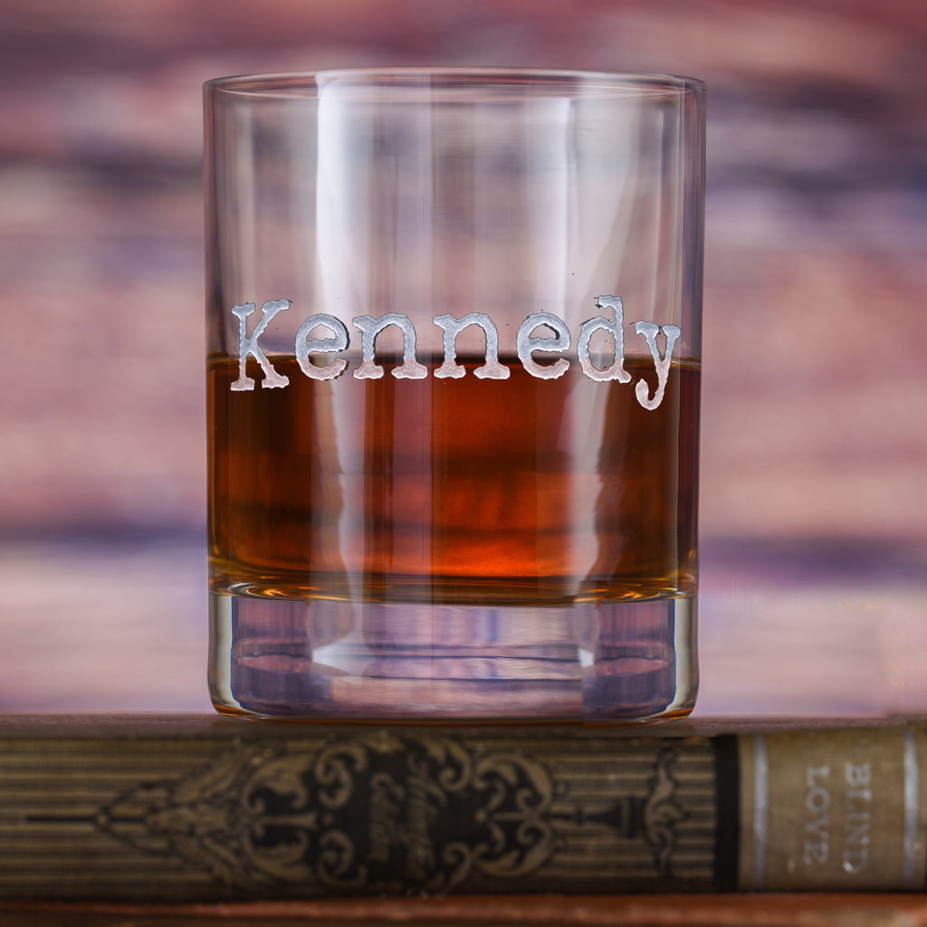 Custom, Etched Stolzle Crystal Rocks, DOF Glass