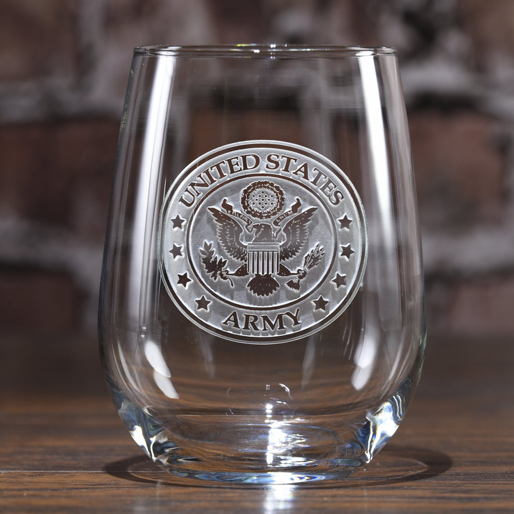 Engraved Army Stemless Wine Glasses