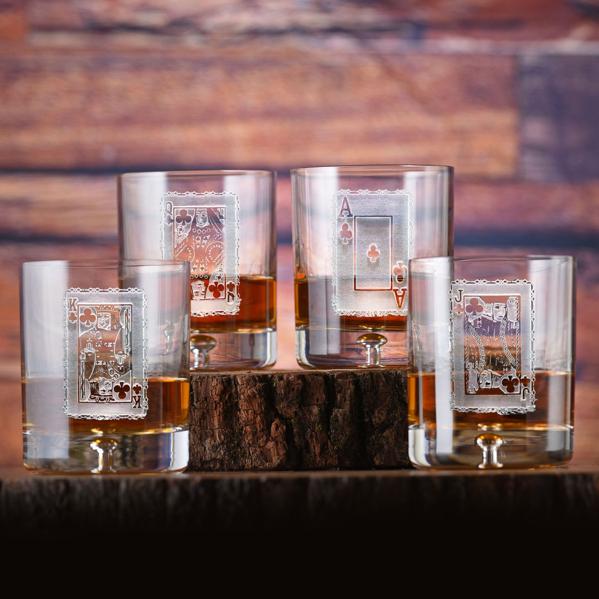 Engraved Playing Cards Whiskey Glass Set, Crystal