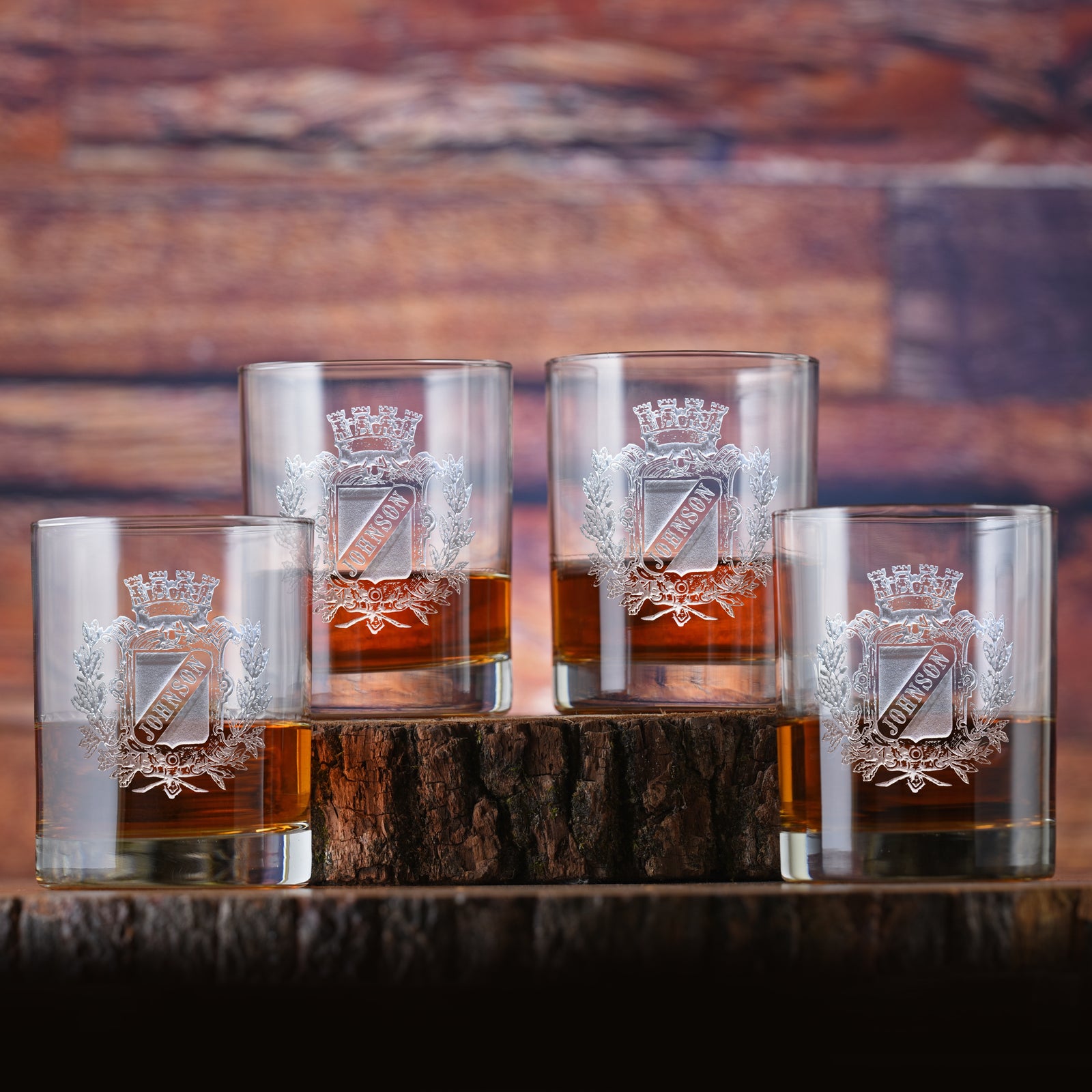 Engraved, Family Crest Coat-of-Arms, Whiskey Glass (Set of 4)
