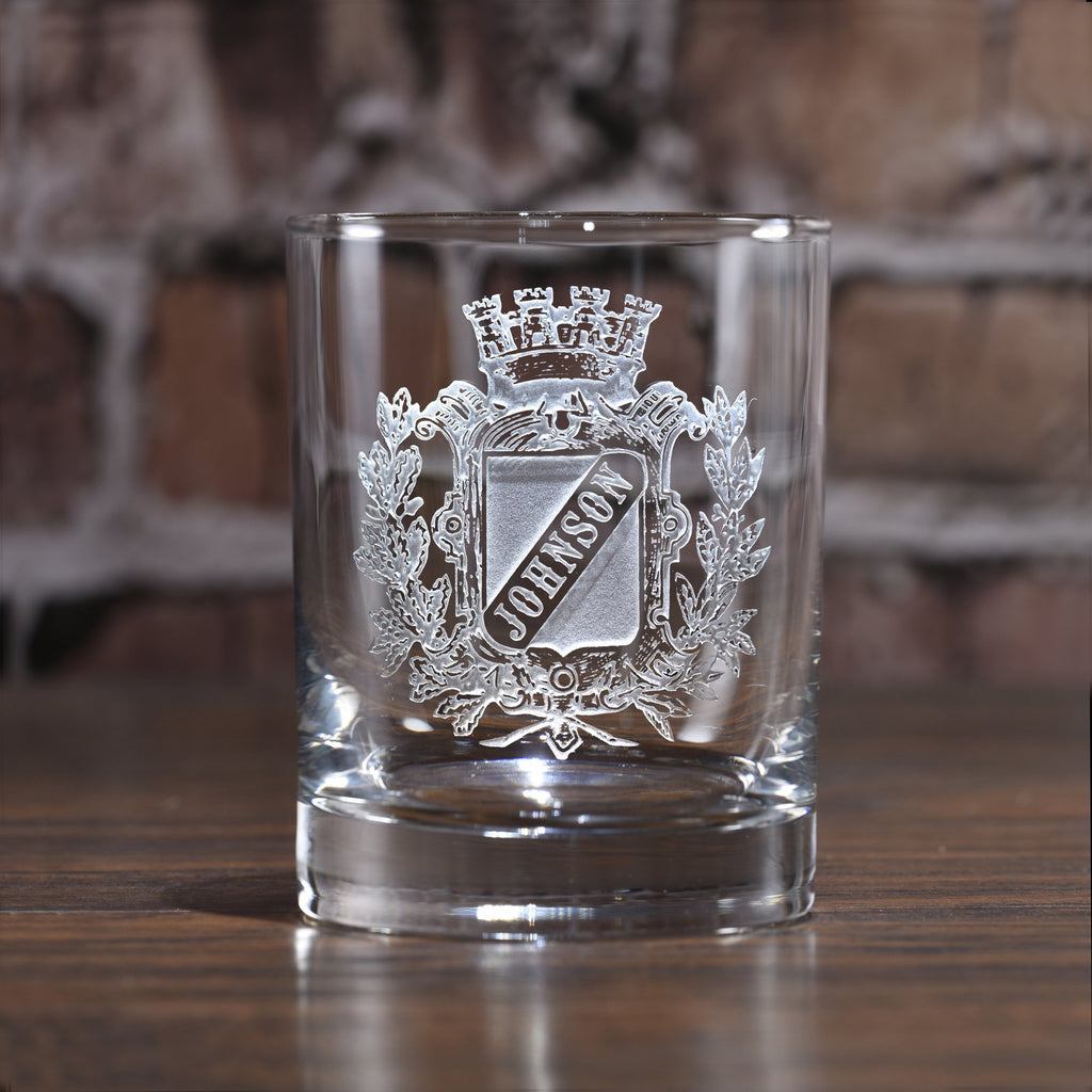 Engraved Family Crest. Coat of Arms Whiskey Glass