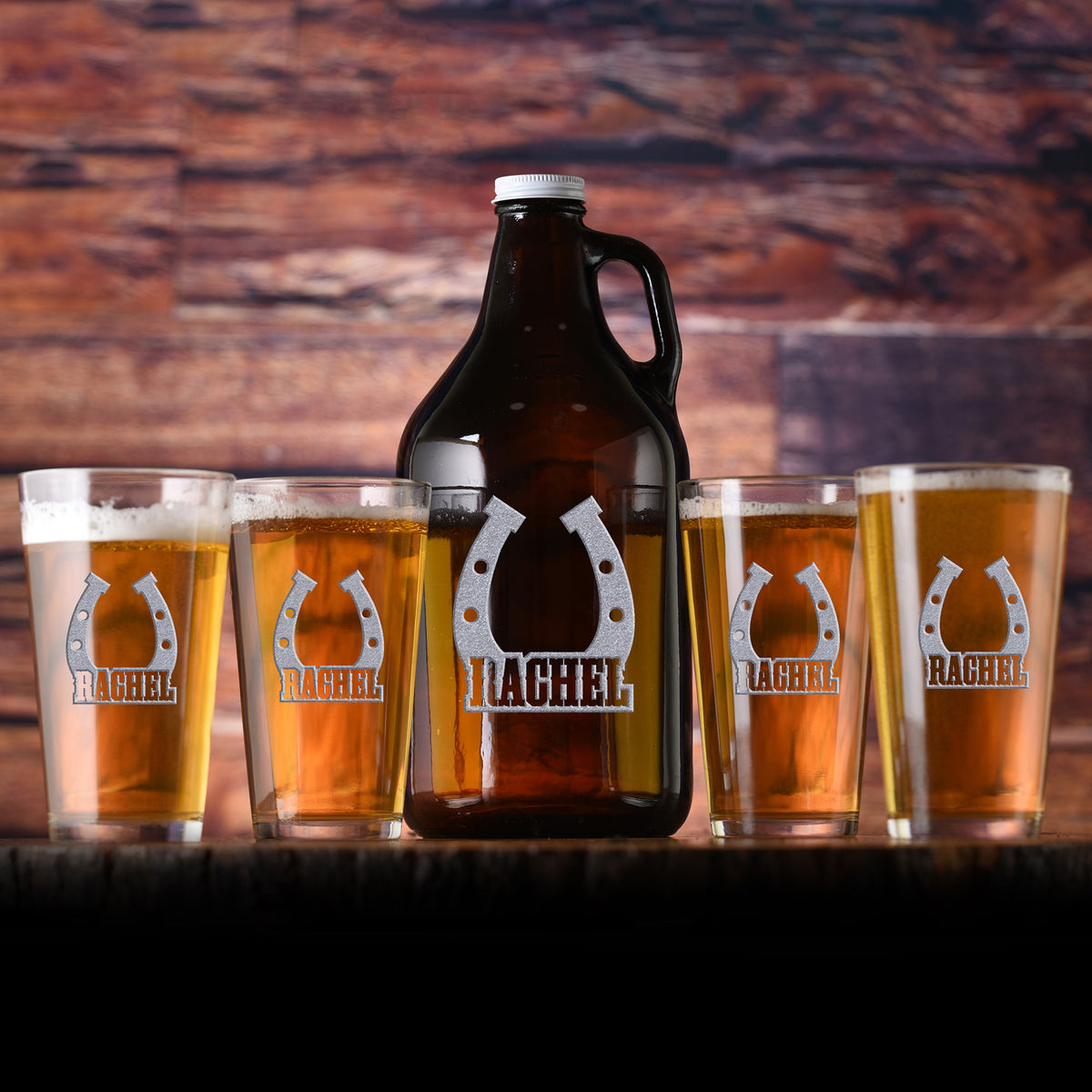 Personalized Horseshoe Beer Growler, Pint Glass Gift Set