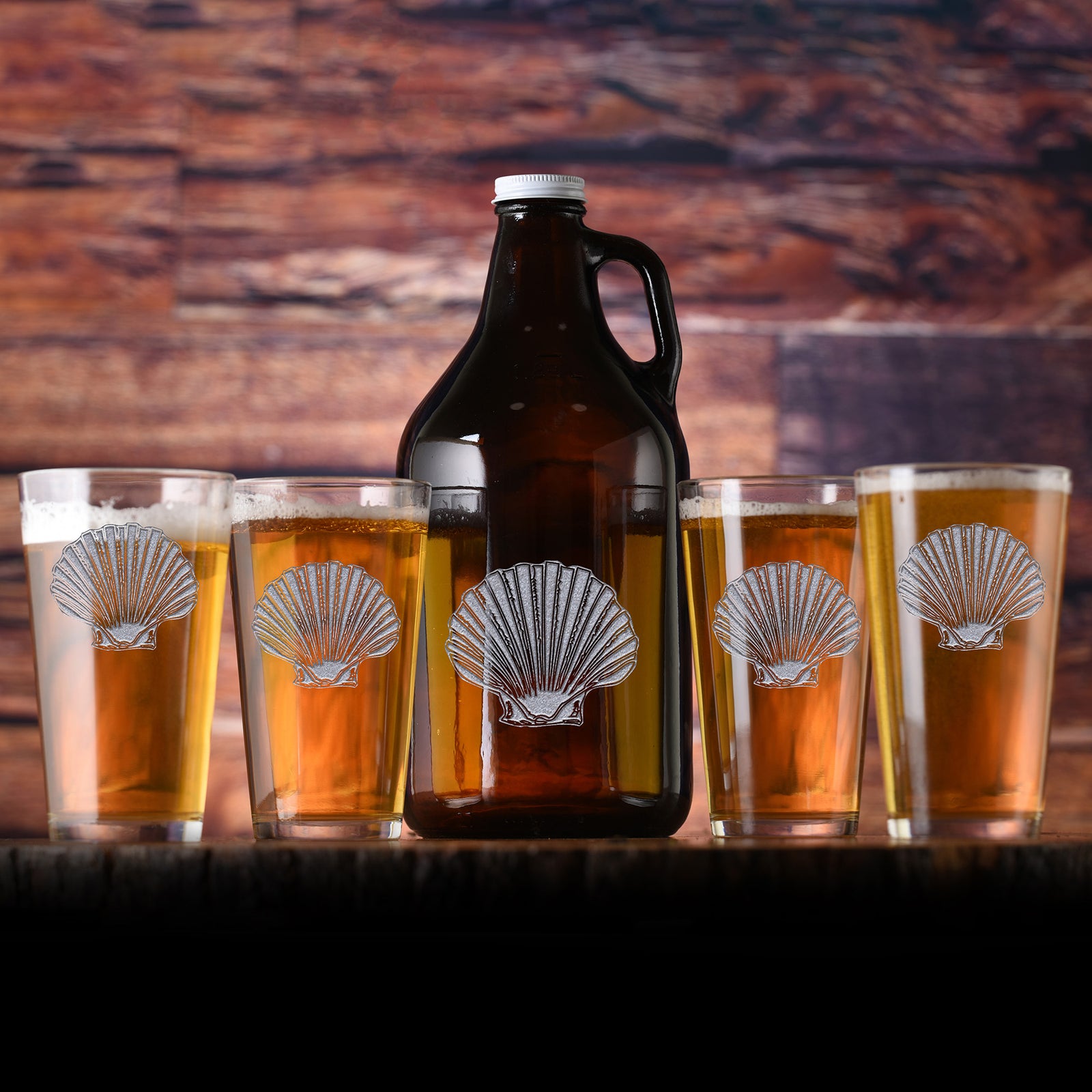 Engraved Seashell Beer Growler Pint Glass Gift Set