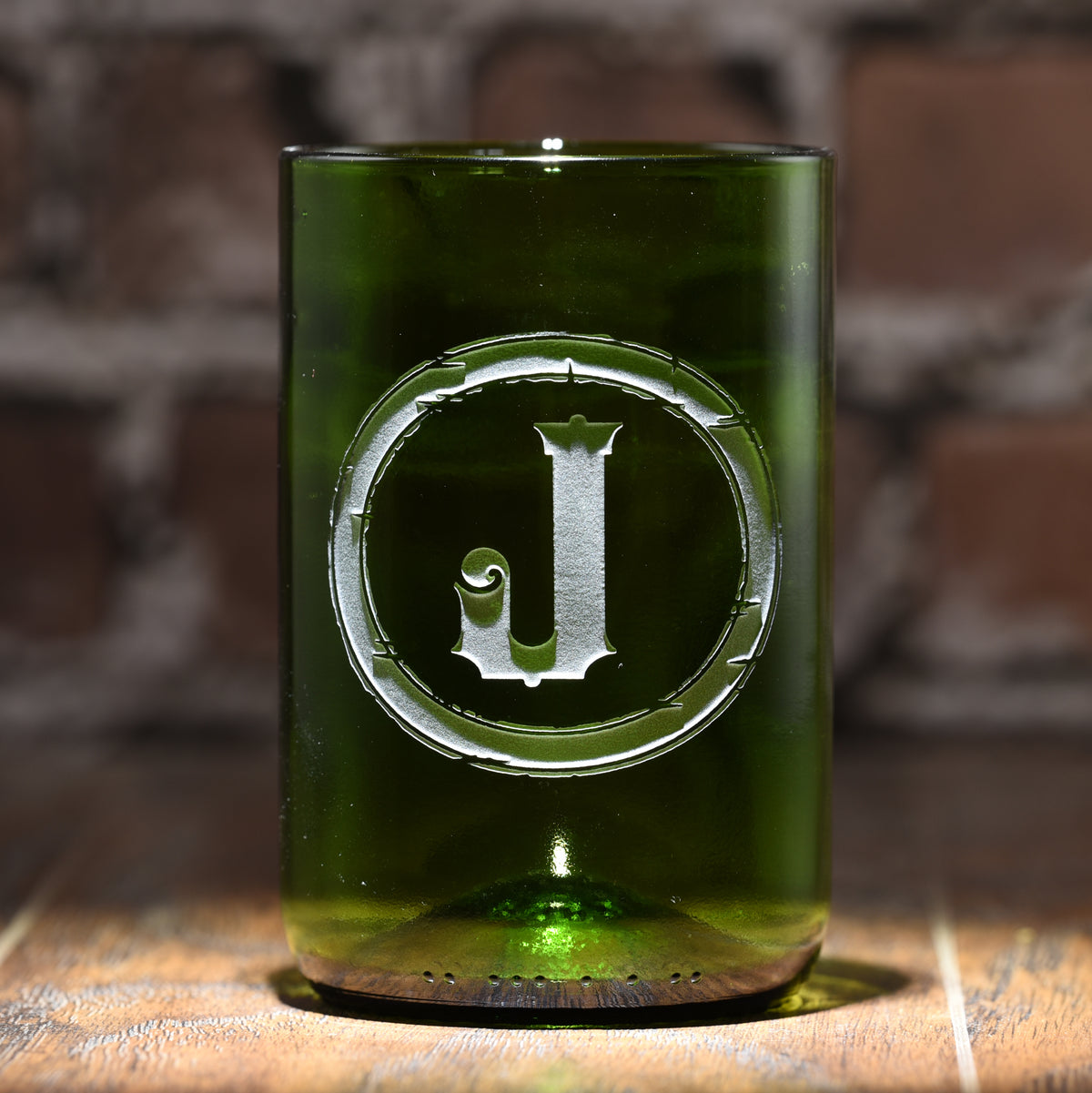 Initial in Circle, Engraved, Green Recycled Wine Bottle Glass Tumbler