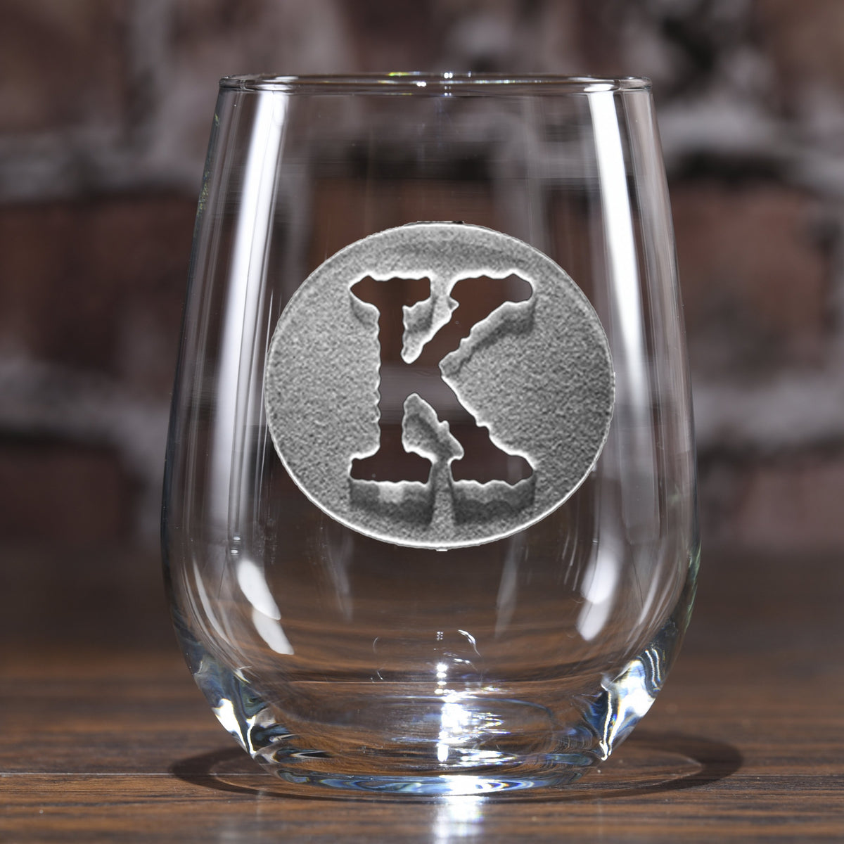 Typewriter Font Initial in Circle Stemless Wine