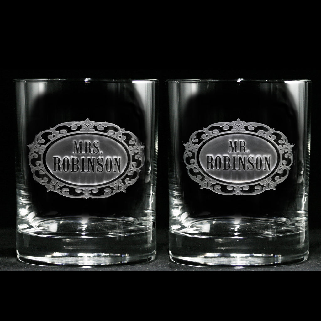 Mr. and Mrs. Personalized Engraved Scotch Whiskey Glass Set