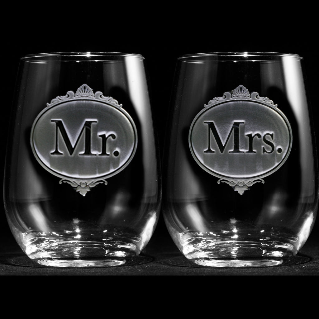 Engraved Mr. and Mrs. Stemless Wine Glasses