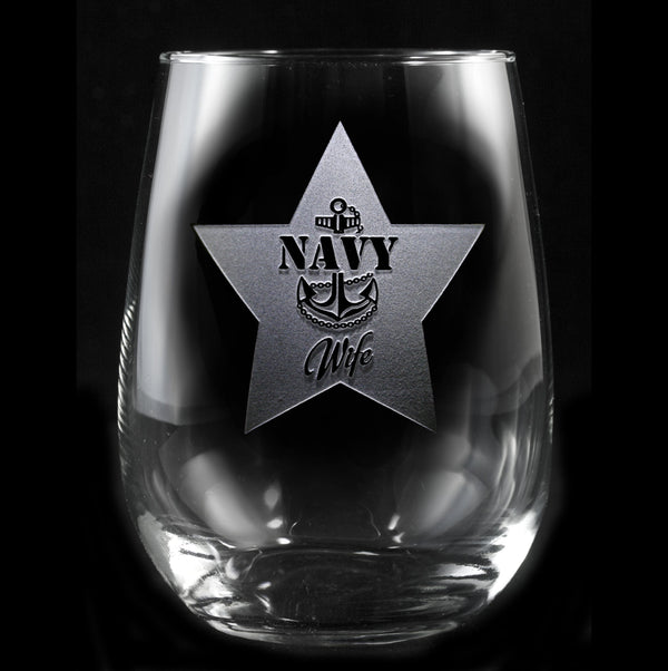 Navy Wife Stemless Wine Glass