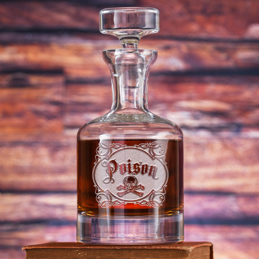 Engraved Poison Skull & Bones Whiskey, Scotch, Bourbon Decanter