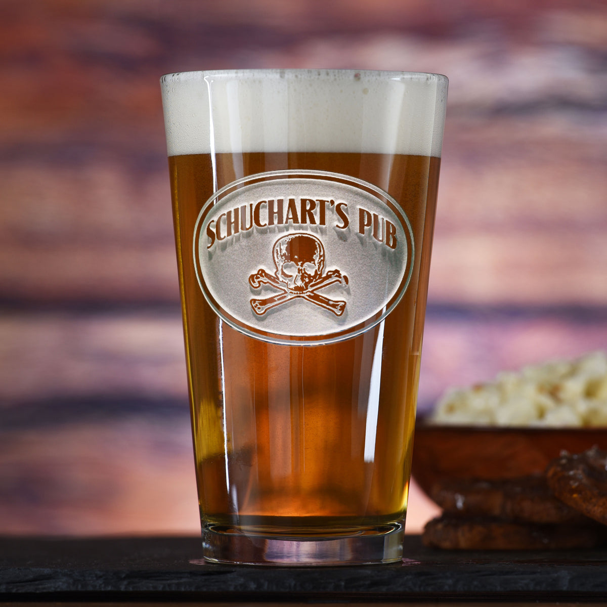 Engraved Skull &amp; Bones Pub Glass