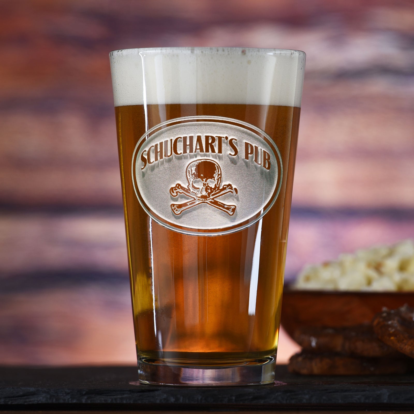 Engraved Skull & Bones Pub Glass