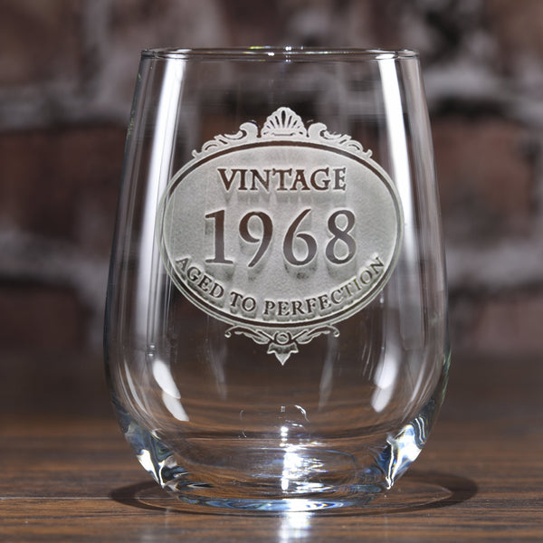 Custom Engraved Vintage Year Stemless Wine Glass